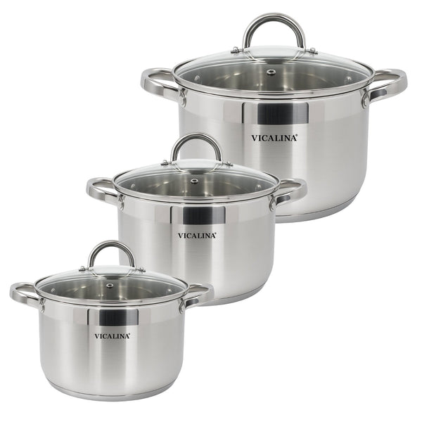 Edelstahl Topfset 6-teilig mit 3 Kochtöpfen und 3 Glasdeckeln